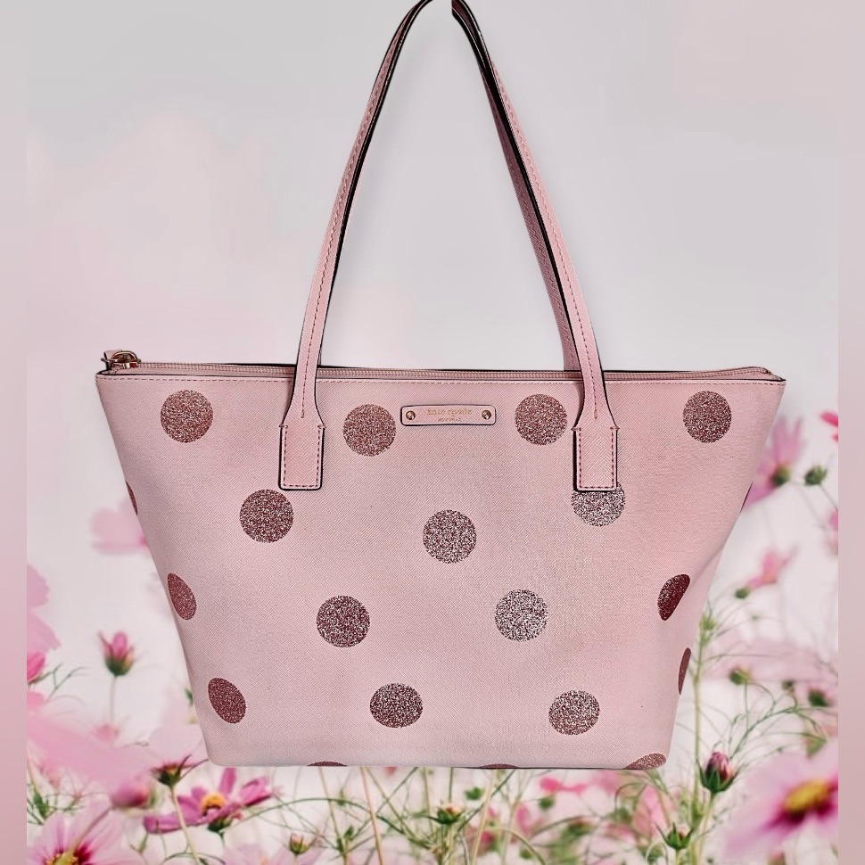 Kate Spade Euc No Call Outs Tote Zip Top Blush With Pink Glitter Polka Dots